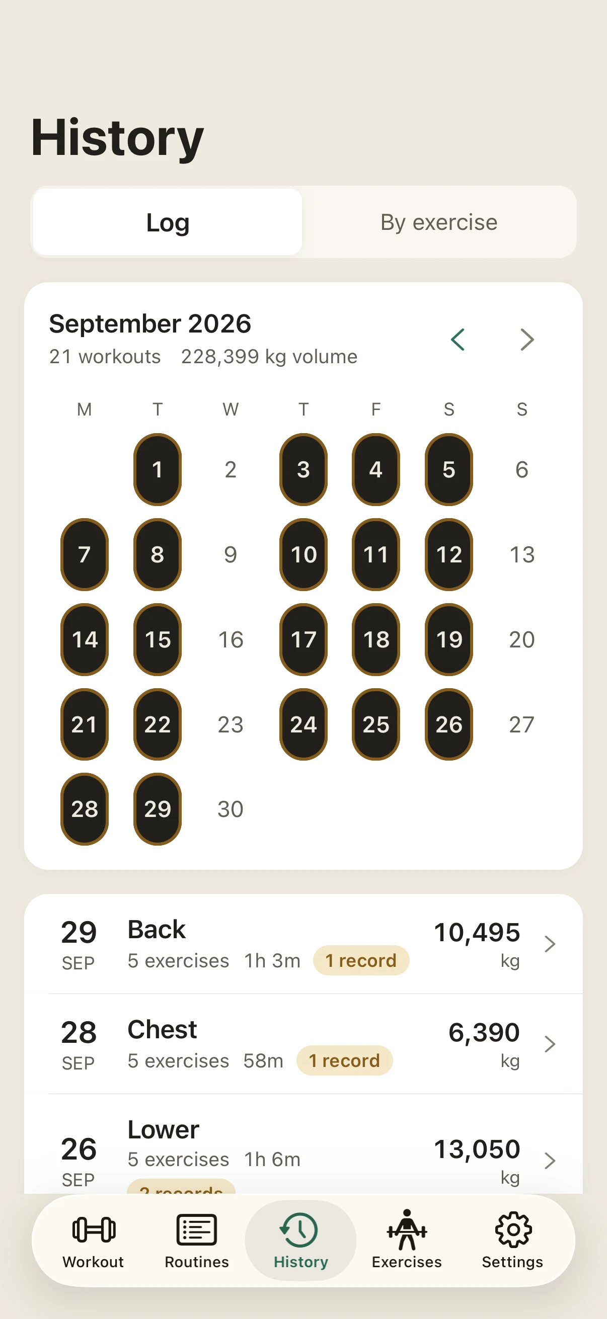 Workout history, in the Jotlift app
