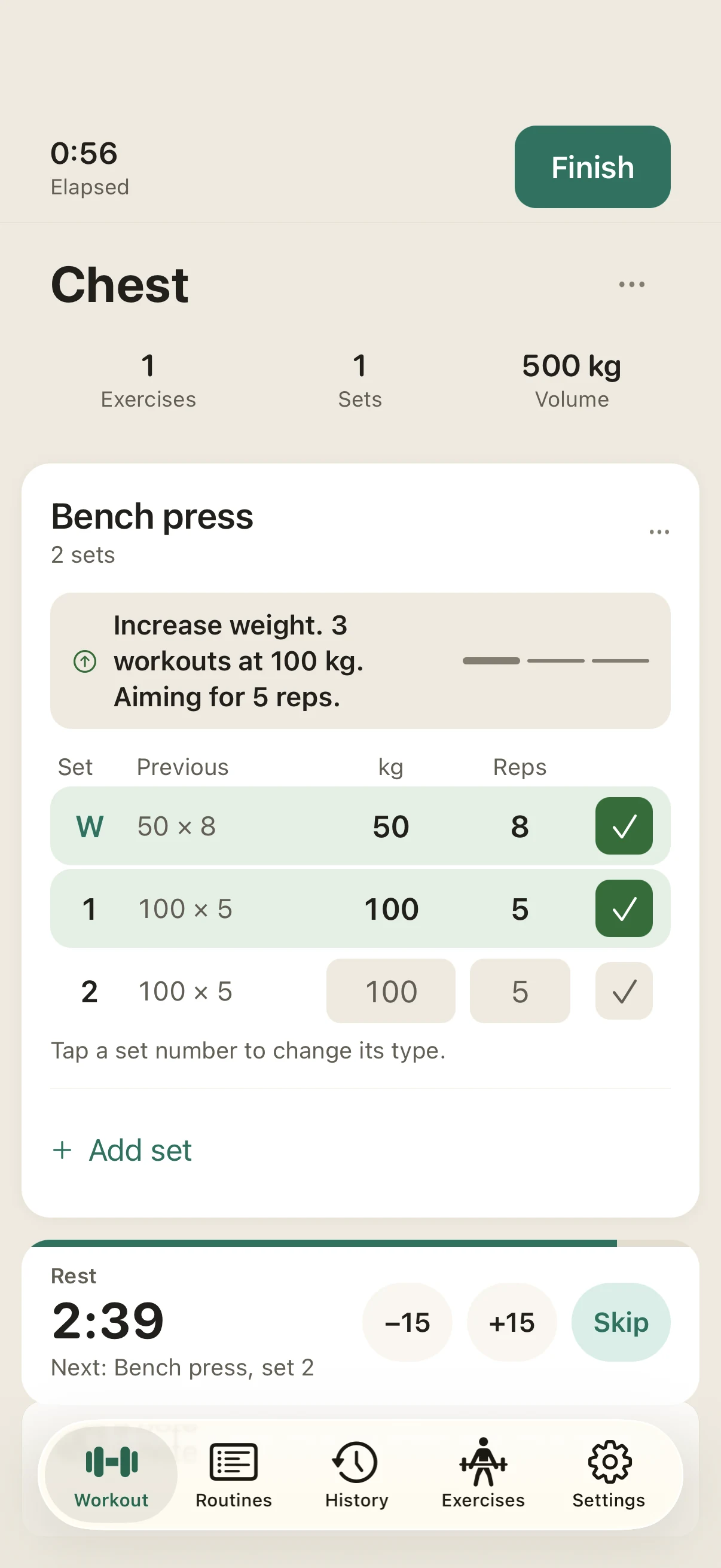 Logging a set, in the Jotlift app